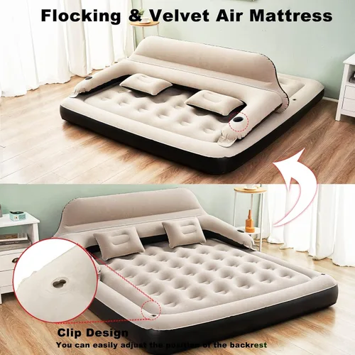 Vista 2 de Cama inflable de colchón de aire tamaño Queen con cabecero y almohadas, sofá cama inflable