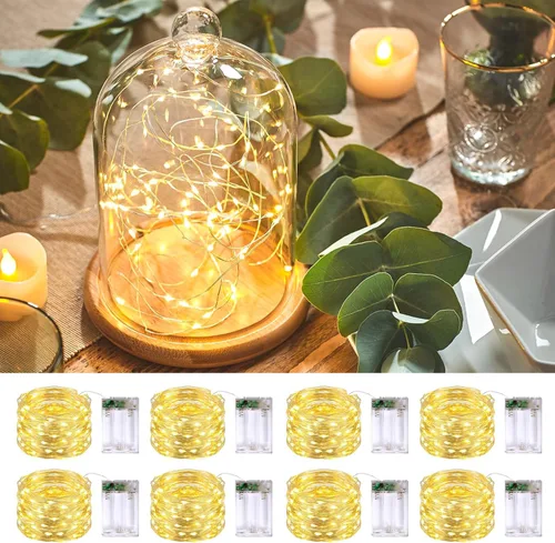 Vista 12 de JMEXSUSS 4 unidades de luces de hadas LED de 50 luces en púrpura y verde, luces de cadena de hadas operadas con batería, luces de 16 pies