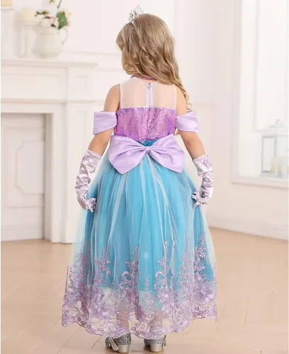 Vista 4 de Luzlen Vestido de princesa de sirena para niñas, disfraz de Ariel con accesorios, disfraz de cosplay de Halloween