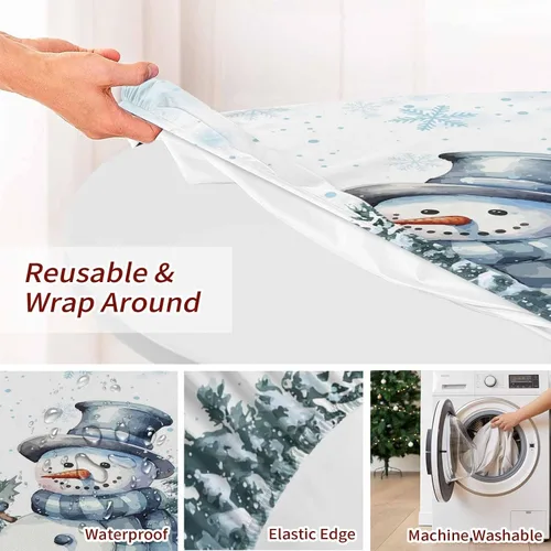 Vista 9 de Mantel redondo de Navidad de 36 a 44 pulgadas, mantel impermeable con borde elástico para fiestas de vacaciones en interiores y exteriores, árbol