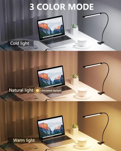 Vista 2 de JHD Lámpara de Escritorio LED con Abrazadera - Ajustable 3 Modos de Color 10 Niveles de Brillo Lámpara de Mesa, USB Cuidado de Ojos Cuello de Ganso