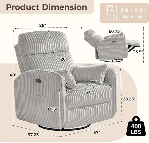 Vista 2 de Sillón reclinable giratorio eléctrico con reposacabezas ajustable, sillón Gris
