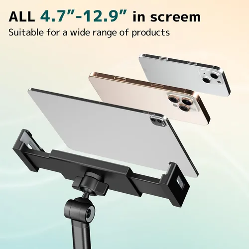 Vista 2 de Soporte para tablet para iPad, soporte de teléfono con base resistente para escritorio, soporte plegable ajustable multiángulo compatible
