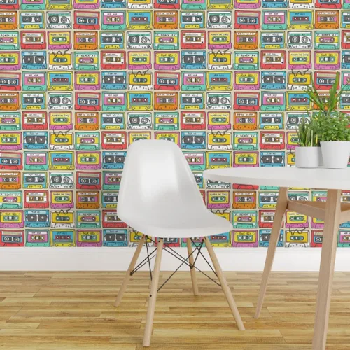 Vista 3 de Muestras de papel tapiz extraíbles, cinta de mezcla de música más pequeña, retro vintage de los años 90, papel pintado prepegado personalizado por