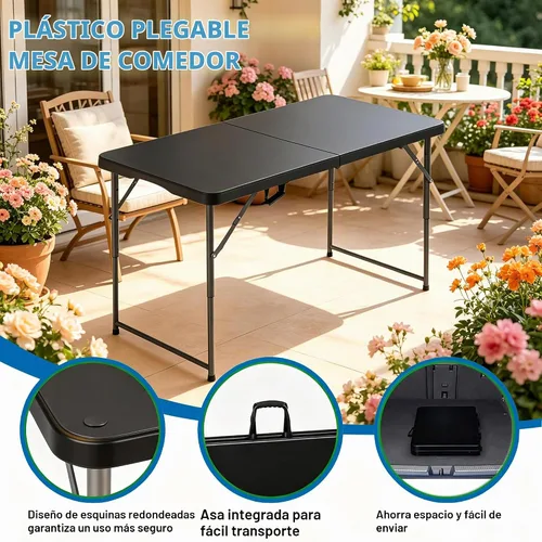 Vista 4 de Dkeli Mesa plegable de 4/6 pies para interiores y exteriores, mesa de plástico resistente, portátil, plegable, para camping, comedor, mesa de Negro