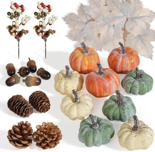Vista 9 de Artmag - 51 piezas de calabazas artificiales, decoración de cosecha de otoño con bellotas, piñas, bayas, hojas de arce para decoración otoñal
