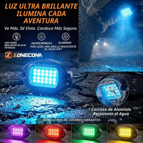 Vista 2 de 8Pods Luces LED RGB de Metal para Rocas con Control Remoto APP/RF, Luces de Resplandor Inferior Multicolor Impermeables para Vehículos con Modo