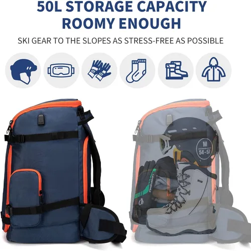 Vista 3 de Mochila para botas de esquí, 50 L, gran capacidad, resistente al agua, acolchada, bolsa de viaje de esquí y bolsa para botas de snowboard para botas