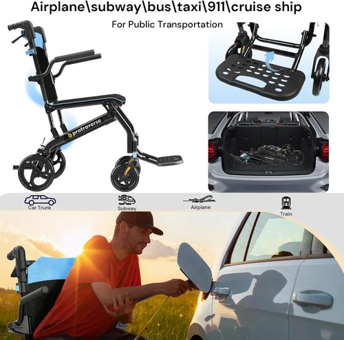 Vista 7 de Sillas de ruedas para adultos, ultraligeras (solo 19.4 libras), silla de transporte plegable y portátil con mango telescópico, sillas de ruedas