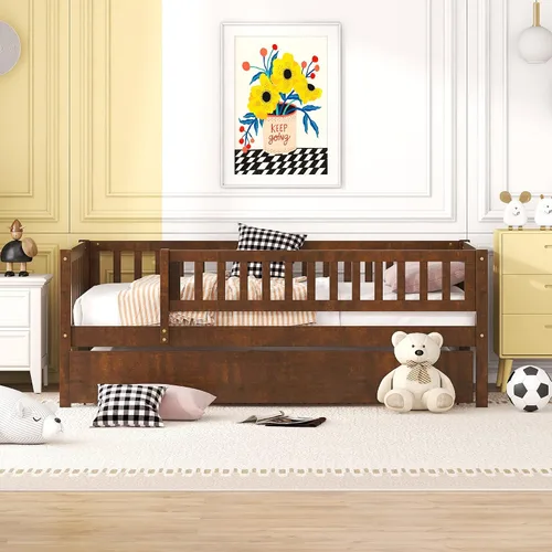 Vista 14 de Cama de plataforma para niños de tamaño individual con valla de seguridad con nido, plataforma multifuncional de madera maciza, marco de cama