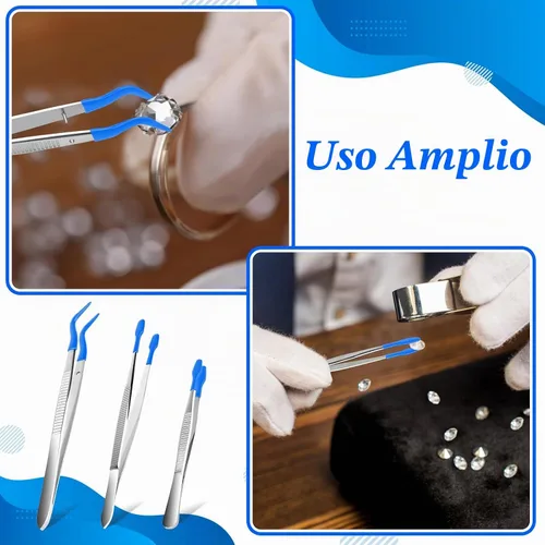 Vista 5 de 3 piezas de pinzas de punta, pinzas de punta plana de goma de silicona con punta doblada para joyería, monedas y sellos (Azul)
