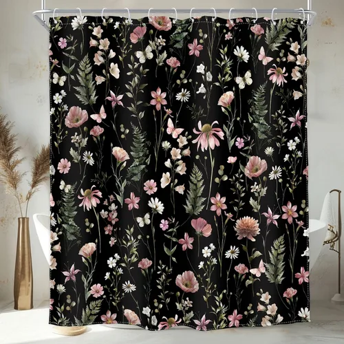 Vista 24 de Cortina de ducha floral roja para baño, 60 pulgadas de ancho x 72 pulgadas de largo, flor de cerezo, ciruela, estética asiática, japonesa, acuarela