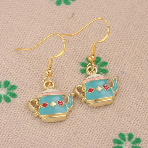Vista 5 de Regalos temáticos de tetera para mujer, aretes de Wonder Land, mini tetera ornamental, tetera de burbujas, aretes de tetera verde, Acero inoxidable