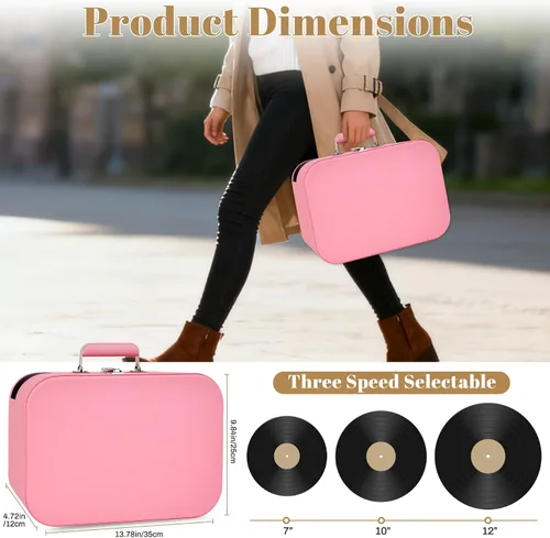Vista 7 de Vintage Suitcase - Tocadiscos portátil Bluetooth de 3 velocidades con altavoces integrados, para discos de vinilo de 7/10/12 pulgadas (rosa)