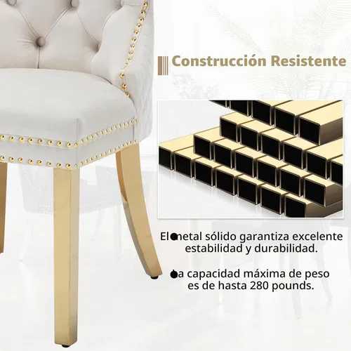 Vista 7 de Juego de 2 sillas de comedor, patas de metal dorado, anillo de león sofisticado, color beige Beige (oro)