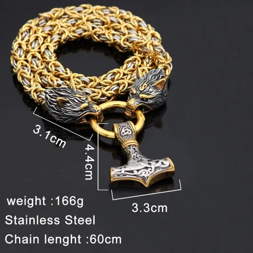 Vista 6 de QZY Cadena de oro y plata con collar Mjolnir, colgante de amuleto vikingo nórdico para hombre, martillo de Thor, cadena bizantina grande, redonda
