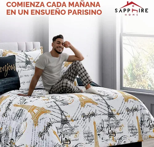 Vista 7 de Juego de edredón Sapphire Home de 7 piezas para cama tamaño queen/king con fundas de almohada, diseño de la Torre Eiffel de París, color negro