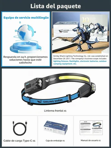 Vista 7 de Smiling Shark TD-0123-S - Linterna frontal recargable de 2400 mAh, ultra brillante, paquete de 1