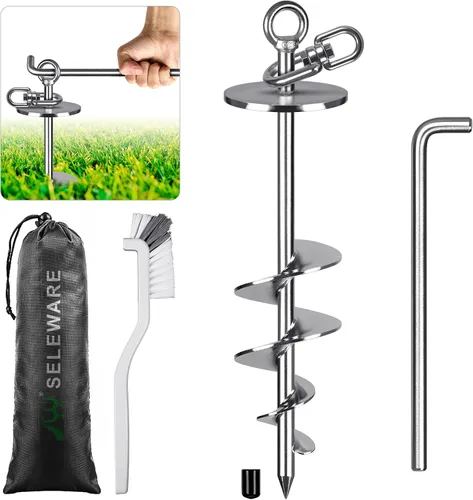 Vista 19 de SELEWARE Cable de amarre y estaca para perros, anclaje giratorio de 17 pulgadas a prueba de óxido con cable resistente de 15 pies para perros