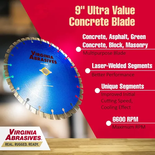 Vista 3 de Virginia Abrasives 425-08408 - Hoja de diamante de hormigón de uso general UV de 9 pulgadas - Cortador húmedo y seco para hormigón/asfalto