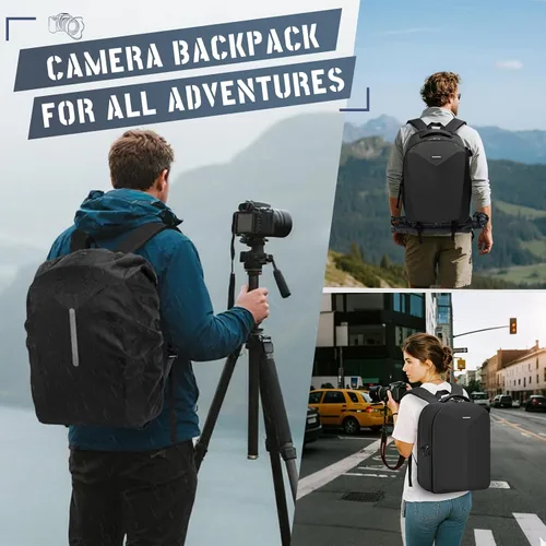 Vista 9 de RAINSMORE Mochila para cámara de carcasa dura para DSLR/SLR, bolsa impermeable para cámara con compartimento para laptop de 15.6 pulgadas, estuche