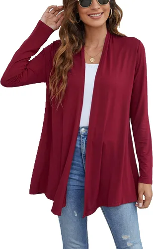 Vista 3 de Ladlop Cárdigan ligero con frente abierto para mujer, manga larga, casual, suave, drapeado, cárdigan de otoño