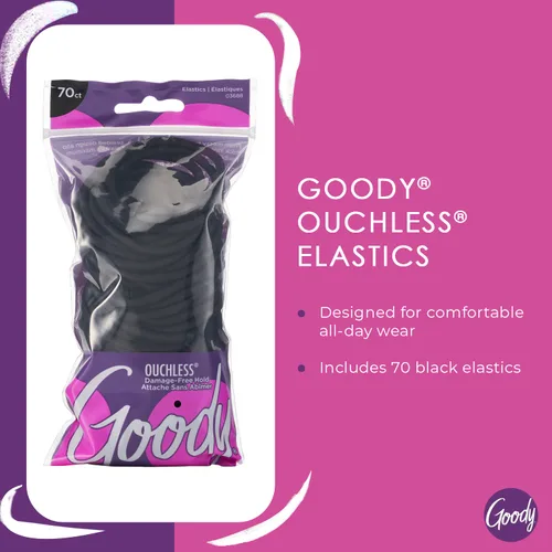 Vista 3 de Goody Ouchless Hair Elastics – No Pull, No Breakage, Tangle-Free Hold for Thick, Curly, Coily & Textured Hair – 70 Count, Black, Long-Lasting