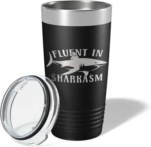 Vista 2 de Fluent in Sharkasm Tumbler Sarcasm Travel Mug Funny Shark Gift Insulated Laser Engraved Coffee Cup 20 oz Black