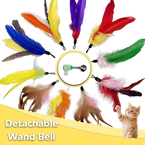 Vista 2 de 10 piezas de repuesto de plumas para gato, varita de repuesto para gatos con clip y campana extraíble, juguetes de plumas para gatos