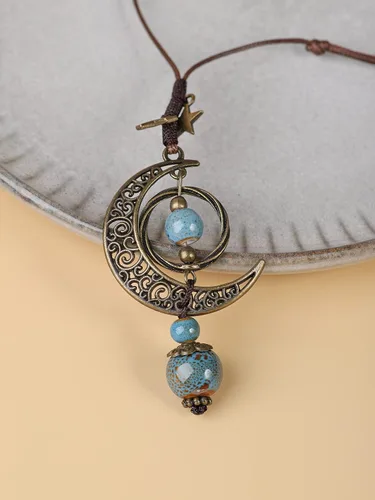 Vista 2 de Collar de cerámica con cuentas de cerámica hippie bohemio, luna y estrellas, mariposa, regalo de joyería hippie bohemio para mujer