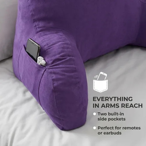 Vista 4 de Almohada con respaldo de microsuede para cama, color negro. La mejor almohada con respaldo para cama con apoya brazos para leer en la cama Morado
