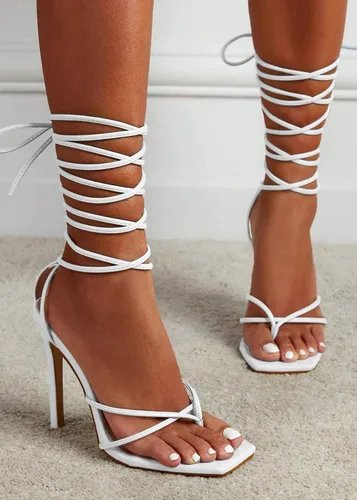 Vista 5 de PiePieBuy Sandalias de tacón con cordones para mujer, sandalias cuadradas de tacón alto, zapatos de fiesta con tiras