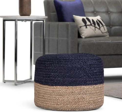 Vista 2 de SIMPLIHOME Lydia Puf redondo – 18 pulgadas de ancho trenzado a mano otomano de yute en azul marino y natural, taburete bohemio o asiento adicional