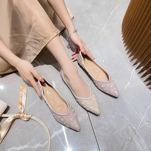 Vista 6 de Flats Shoes Women Rhinestone Fashion Wedding Shoes Rhinestone Pearl Diamond Pointed Head Ballet Flats