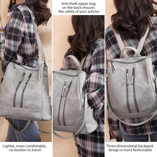Vista 6 de Mochila para mujer, mochila pequeña de cuero impermeable antirrobo, bolsos de hombro para mujer
