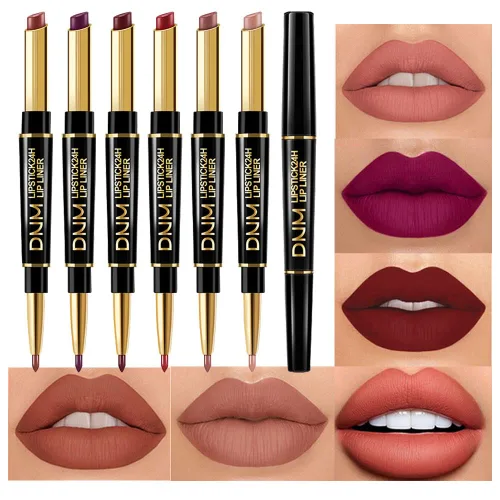 Vista 2 de evpct DNM Juego de 6 delineadores y lápices labiales, 2 en 1, impermeables, 24 horas de duración, para mujer, castaño, nude, rosa antiguo, marrón