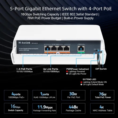 Vista 6 de MokerLink Interruptor POE Gigabit para exteriores de 5 puertos, con 4 puertos POE+ de 1000 Mbps, 78 W IEEE802.3af/at, interruptor sin ventilador