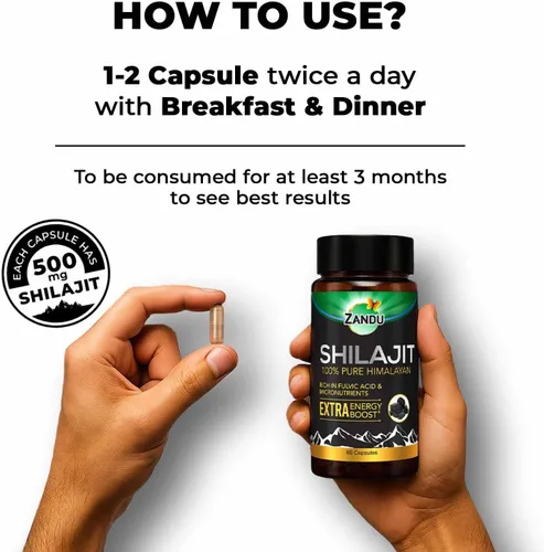 Vista 5 de Zandu Cápsulas Shilajit (60 cápsulas) infundidas con bondad de extractos naturales de Shilajit para mejorar la energía y la fuerza en los hombres