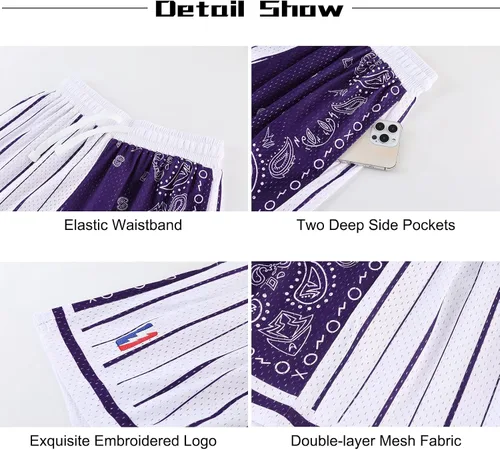 Vista 5 de BOOMLEMON Pantalones cortos de baloncesto para hombre, pantalones cortos de entrenamiento atléticos de cachemira, pantalones cortos de malla