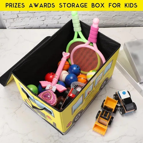 Vista 4 de Sweetude Caja del tesoro de autobús escolar de 2 piezas para el aula, caja plegable de almacenamiento de juguetes con tapa, organizador de tesoros