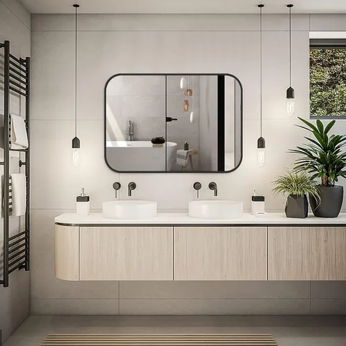 Vista 9 de Espejo de pared negro de 16 x 24 pulgadas para baño, espejo con marco de metal cepillado con esquina redondeada, espejo rectangular de tocador