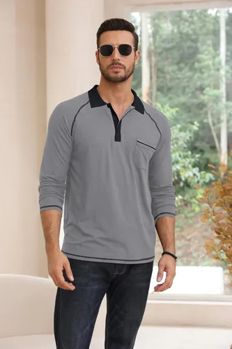 Vista 2 de Polo de manga larga para hombre, polo de golf ligero, ajuste regular, raglán