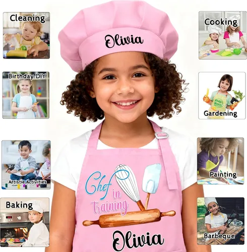 Vista 5 de Delantal personalizado para niños con bolsillo para nombre, sombrero de chef personalizado y delantal para cocina, cocina, hornear, pintura