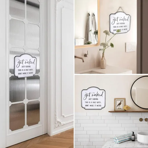 Vista 7 de LIVDUCOT Cartel de lata de baño divertido con texto en inglés «Get Naked», letrero de metal esmaltado negro sobre blanco, cita vintage para baño