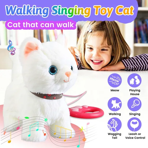 Vista 2 de Juego de gato que camina con correa blanca cantando que ronronea y maulla, robot de peluche animado, gatito, mascota en movimiento, realista, animal