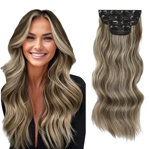 Vista 44 de Extensiones de cabello con clip de Vigorous de 20 pulgadas, con reflejos rubio playa, extensiones de cabello ondulado largo y suave de cabello