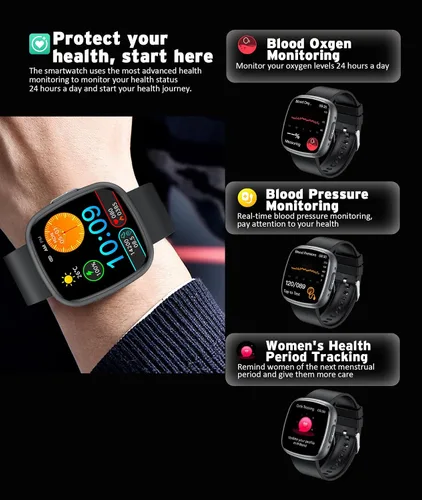 Vista 5 de Reloj inteligente resistente al agua, pantalla táctil HD de 1.72 pulgadas, rastreador avanzado de salud con más de 100 modos de ejercicio, Negro