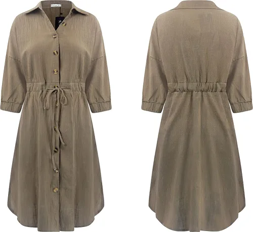 Vista 7 de R.Vivimos Vestido de verano para mujer, manga 34, de lino, con botones, casual, hasta la rodilla, con lazo en la cintura