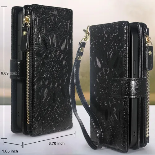 Vista 2 de Harryshell Funda de cuero desmontable con cremallera magnética con bolsillo para monedas, 12 ranuras para tarjetas, correa de muñeca para Samsung