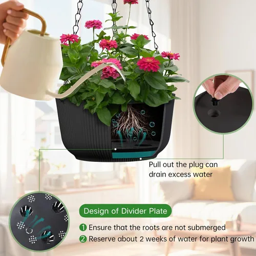 Vista 3 de Juego de 2 macetas colgantes para plantas de interior y exterior, macetas colgantes de riego automático de 8 pulgadas con platillo interno, orificio